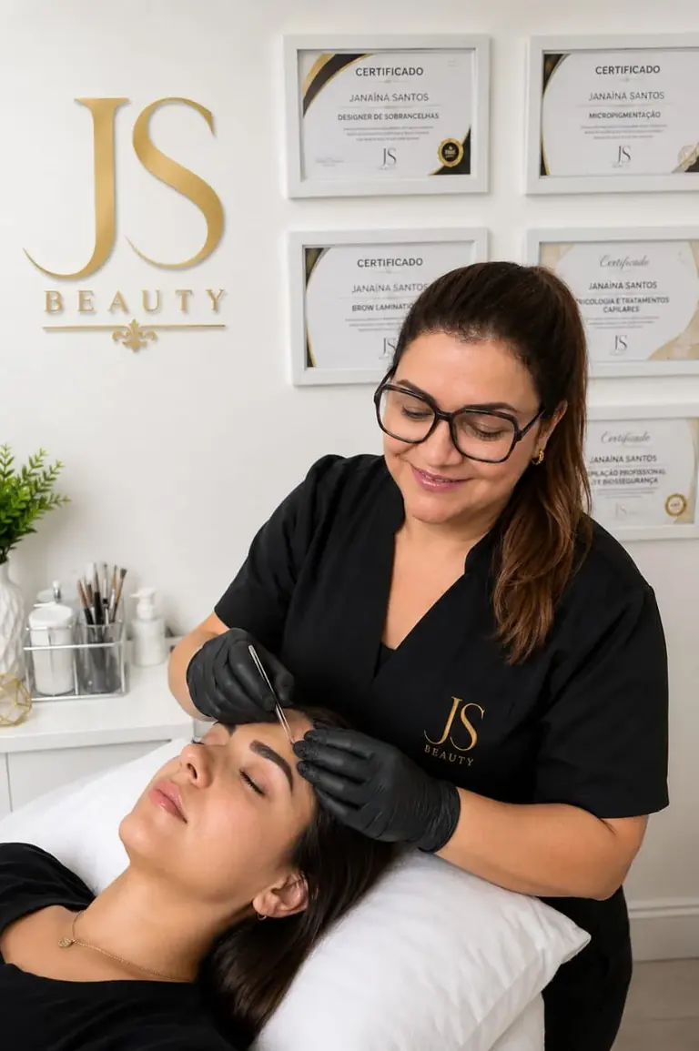 Janaína Santos realizando procedimento de sobrancelhas na JS Beauty